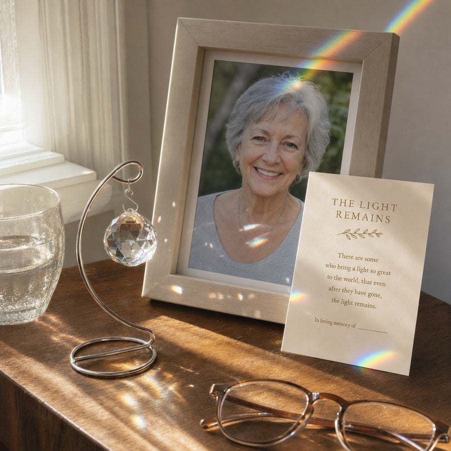 The crystal on its stand beside a framed family photo