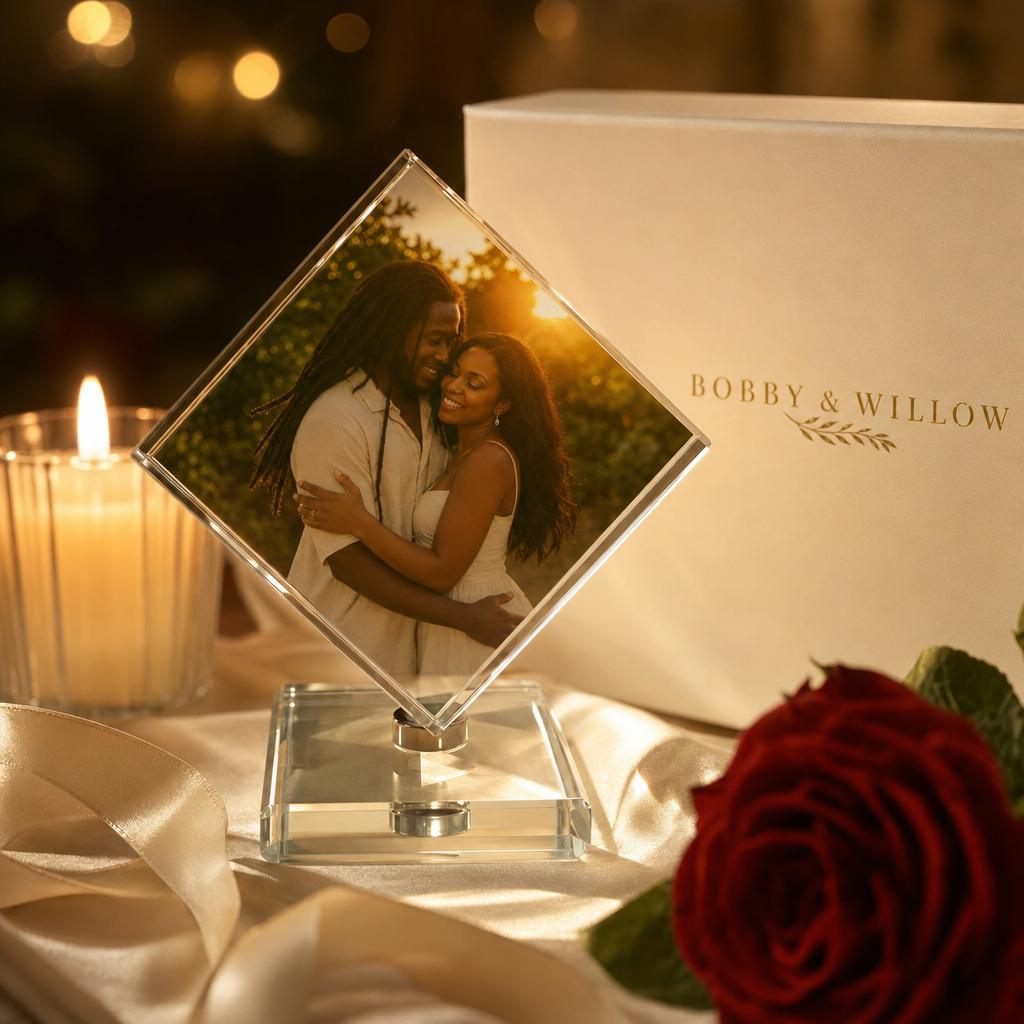 The Memory Cube in candlelight with the Bobby & Willow gift box