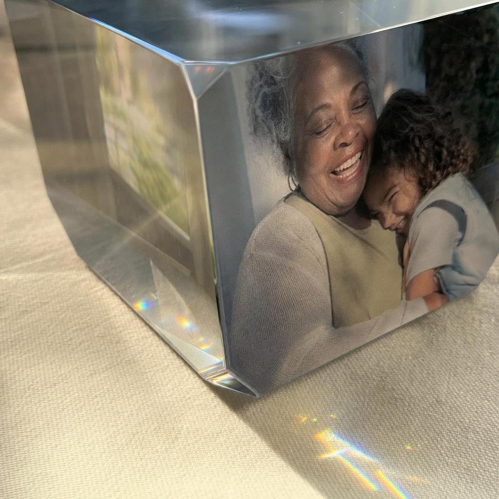 Close-up of photos printed inside the crystal