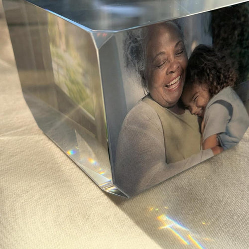 Close-up of photos printed inside the crystal