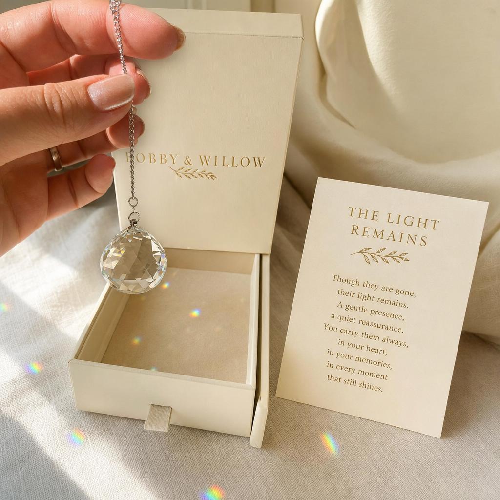 The Light Remains suncatcher with gift box and poem card