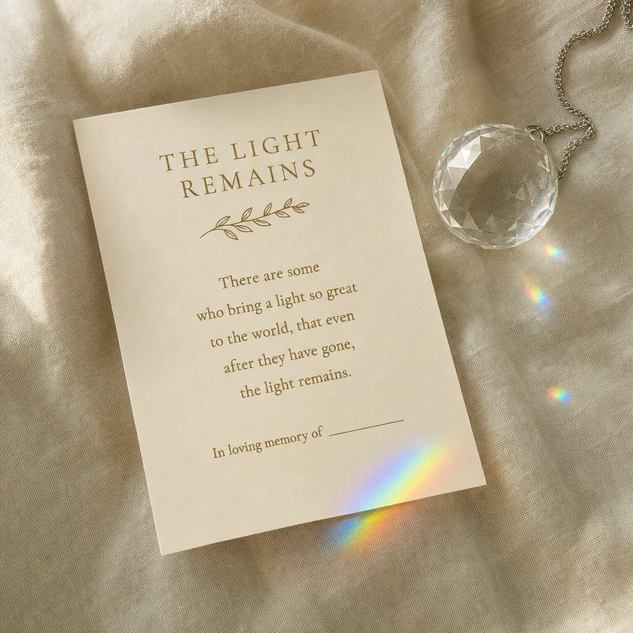 The poem card that comes with The Light Remains, beside the crystal