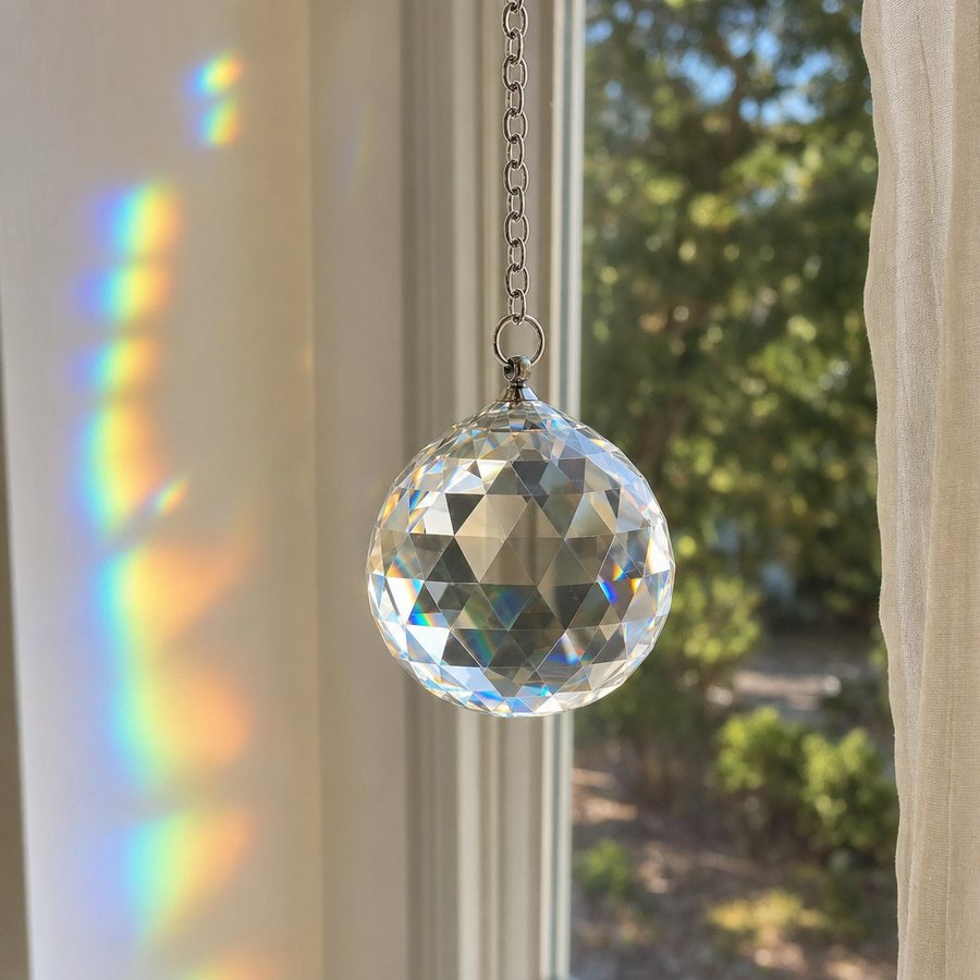 The Light Remains: a 40mm faceted crystal on its chain in a sunny window