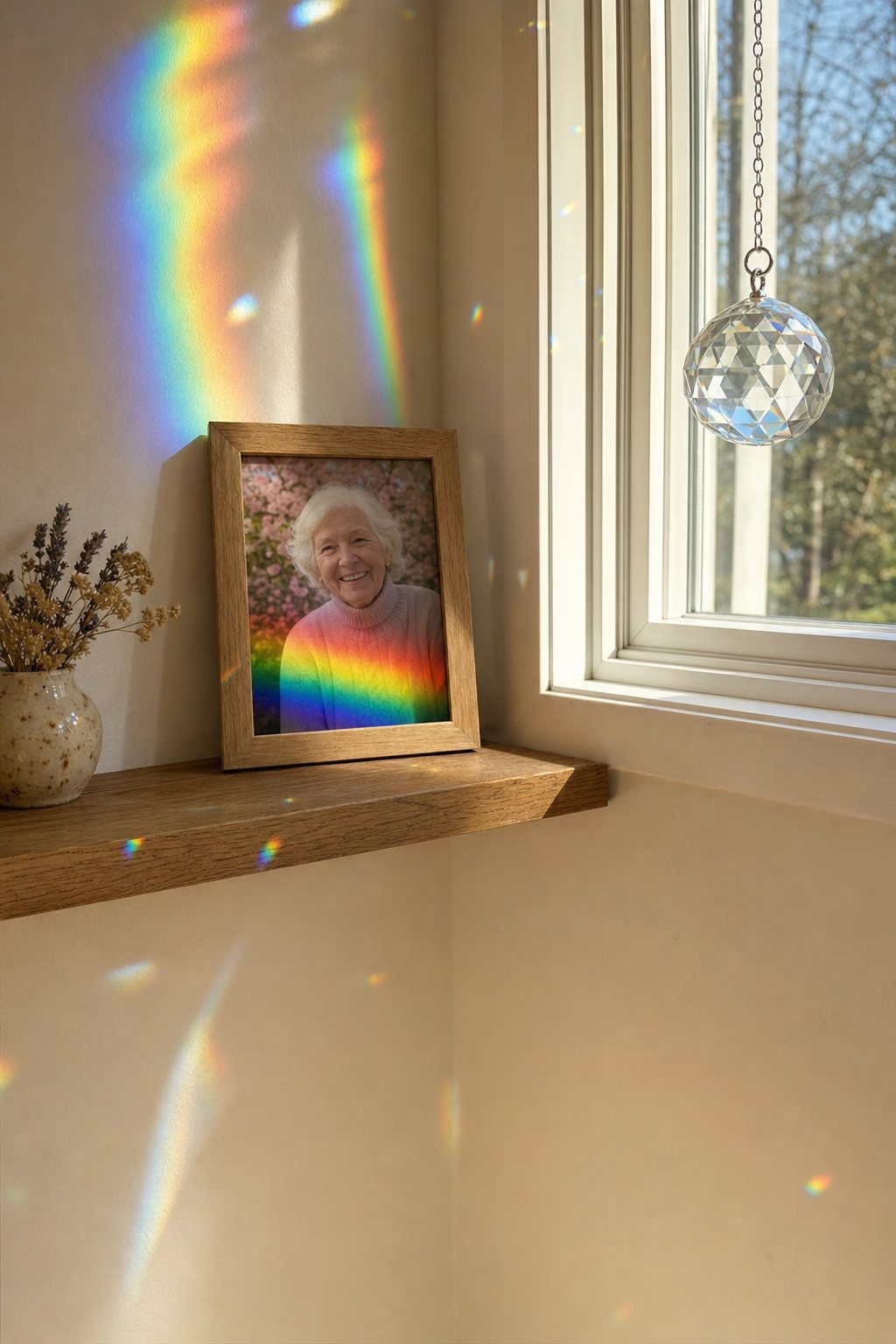 The Light Remains crystal suncatcher in a sunny window, rainbows across the wall and a framed photo