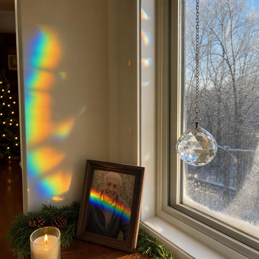 The crystal in a winter window at Christmas, rainbows on the wall