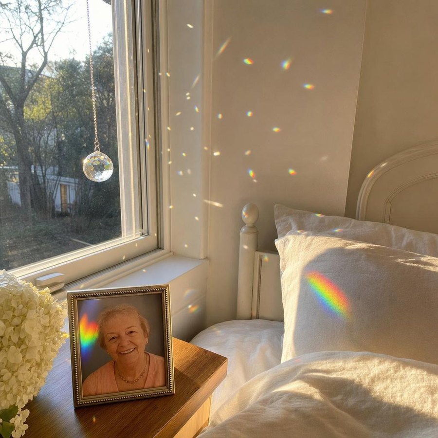 A rainbow from the crystal resting on a framed photo of a mother, by a sunny bedroom window