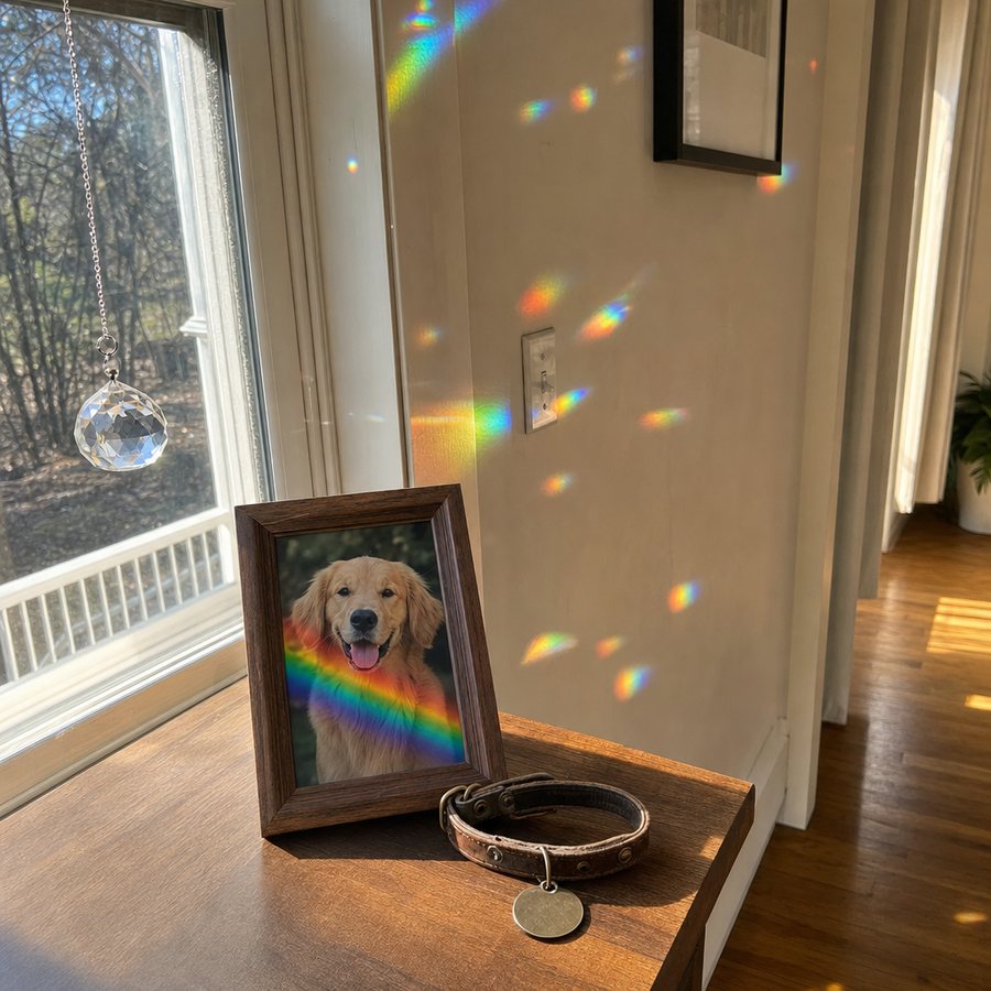A rainbow from the crystal resting on a framed photo of a dog